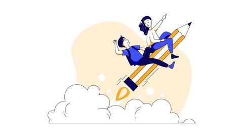 Illustration: Zwei Kinder mit Schulrucksack sitzen auf eine überlebensgroßen Stift, der wie eine Rakete fliegt