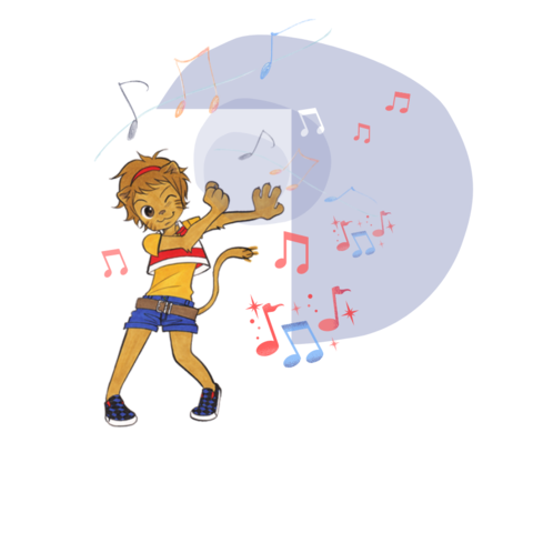 Löwen Illustration: Lea tanzt, um sie herum fliegen rote und blaue Musik-Noten
